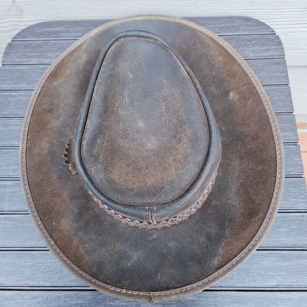 Zephyr Outback Western Rancher Hat Smooth Brown Leather w/ Chin Strap Vintage M